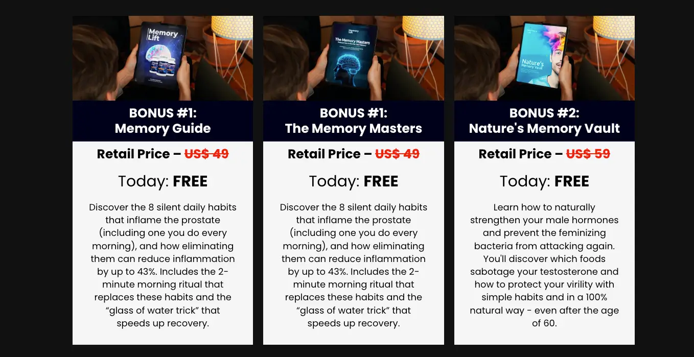Memory Lift Supplement bonuses – Memory Guide, The Memory Masters, and Nature’s Memory Vault digital guides