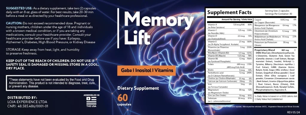 Memory Lift Supplement Facts official label – ingredients, dosage, and nutritional information