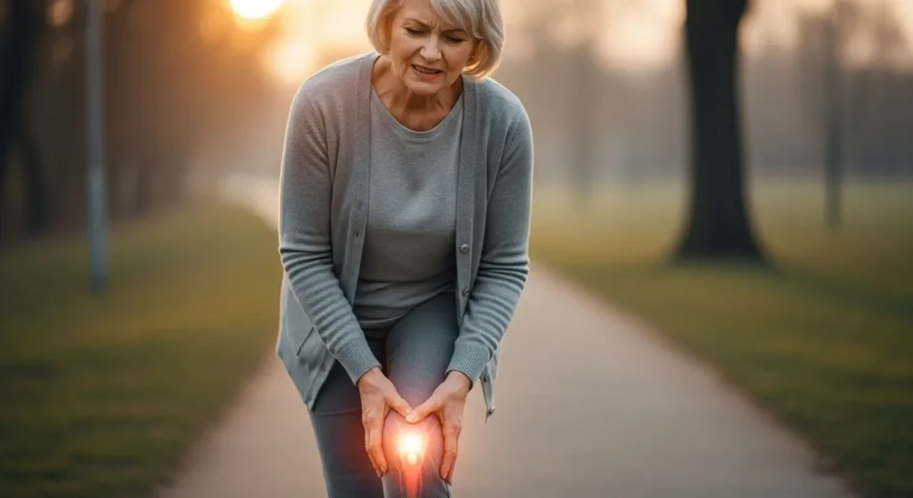 Woman Holding Her Painful Knee Outdoors – Joint Discomfort Depicted For Arialief Supplement On Nutra Reviews US