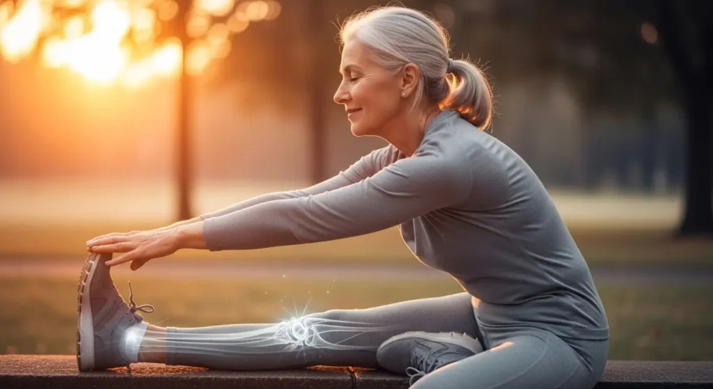 Smiling Woman Stretching Her Leg Outdoors With Highlighted Knee – Symbol Of Relief After Using Arialief Supplement