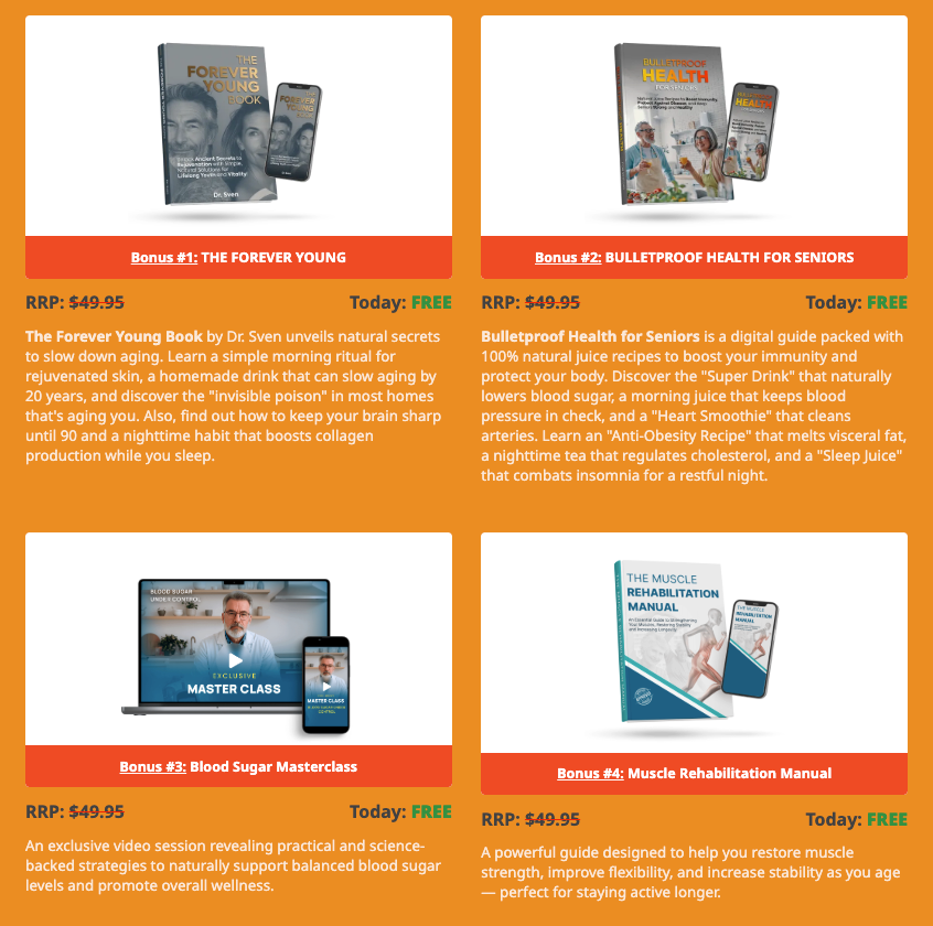 Arialief Bonuses – The Forever Young Book, Bulletproof Health For Seniors, Blood Sugar Masterclass, And The Muscle Rehabilitation Manual