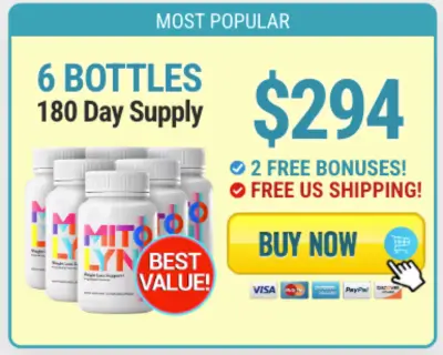 Mitolyn 6-bottle package showing $294 price, two free bonuses, and free US shipping.