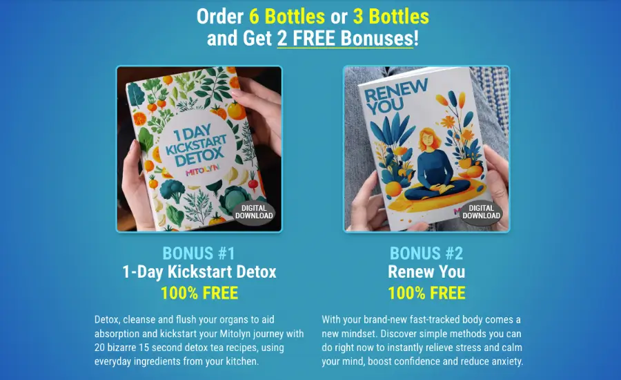 Mitolyn bonuses including free eBooks Nitric Boost Blueprint and Marathon Man