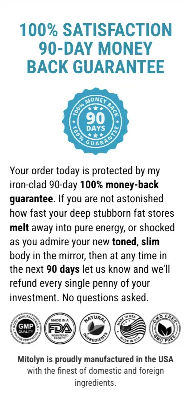 Mitolyn 180-day money-back guarantee badge ensuring customer satisfaction and secure refund policy.
